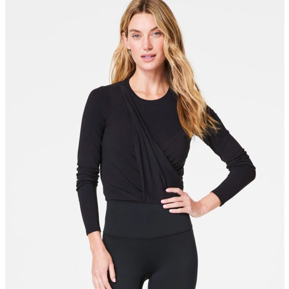 Spanx Better Base Twist and Fold Long Sleeve Wrap Top in Black Size XL NWT